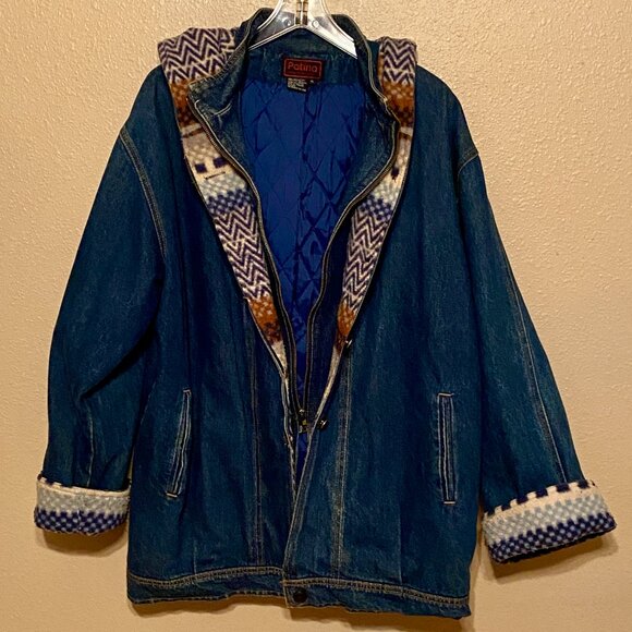 PATINA INTERNATIONAL Vintage Denim Jacket Aztec Lining Hood Zip/Button up Size M - Picture 1 of 10